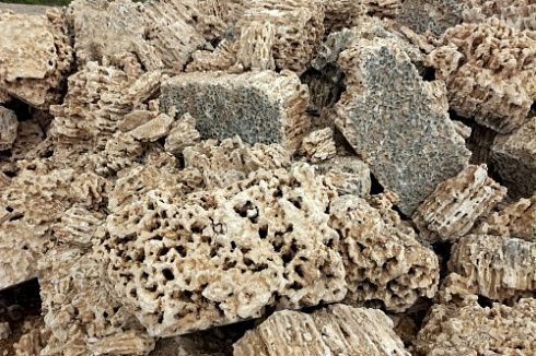 Kamenclub.ru: Крымский природный меотис фр. 100-500 мм.  купить в Красноярске меотис бежевый рыжий молочный желтый ракушечник 4 500 руб/т   фото КАМЕНЬ КЛУБ